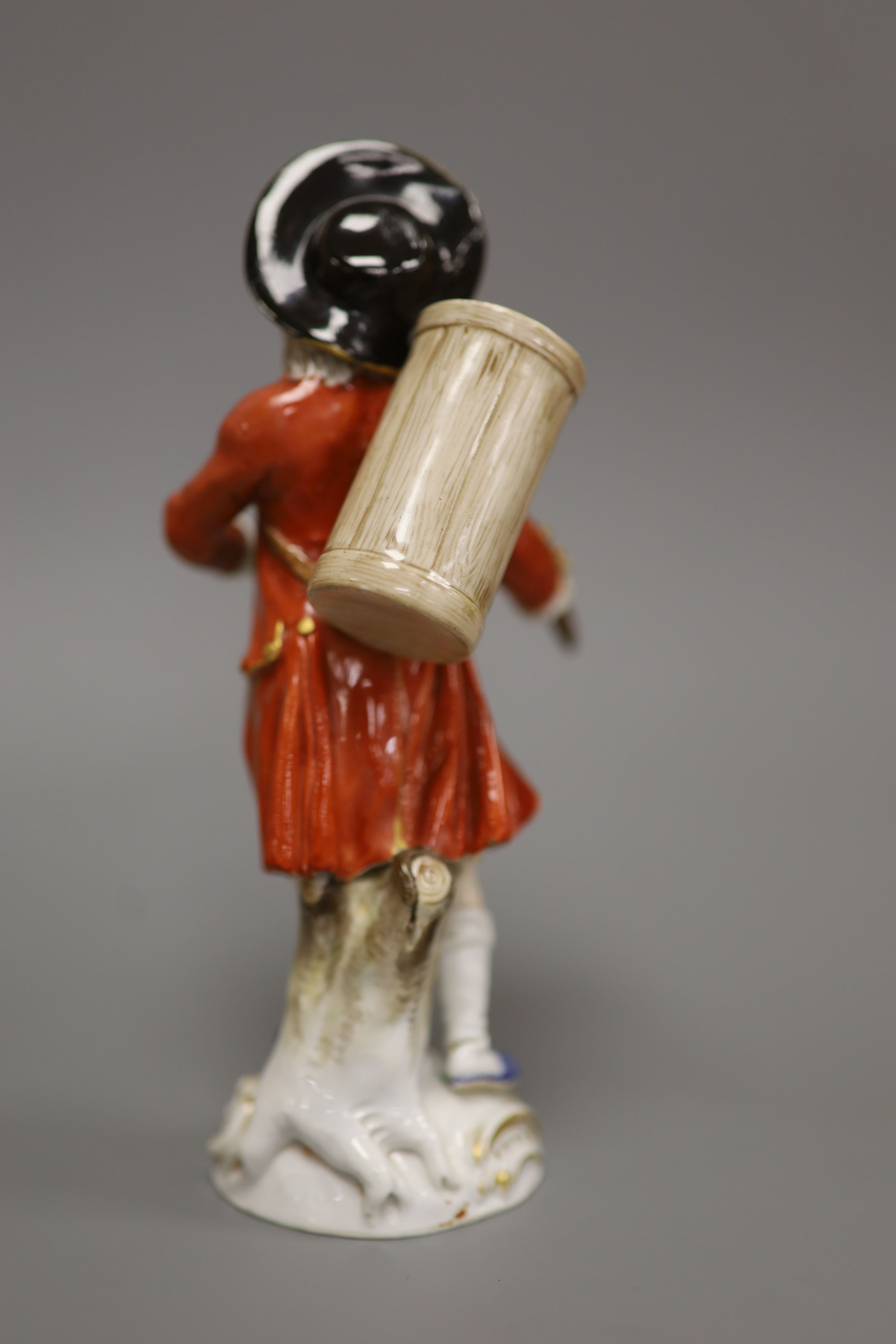 A late Meissen porcelain figure of a drummer boy, polychrome-decorated on scrolled base, height - Image 3 of 5