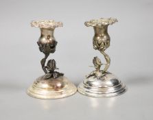 A pair of continental 830 white metal dwarf candlesticks, with foliate stems, height 12.3cm,11oz.
