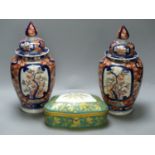 A pair of Imari vases and covers and a Limoges box, height 30cm