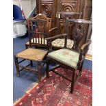 A Georgian mahogany elbow chair and three other single chairs (4)