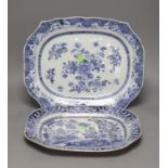 Two 18th century Chinese blue and white meat dishes, length 38.5cm