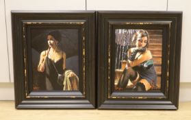 Fabian Perez, two hand embellished giclee canvases, Night Walk IV, 3/195 and Saba on the Stairs, ap
