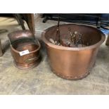 A Victorian copper copper, 49cm diameter, coal scuttle, kettle and assorted implements