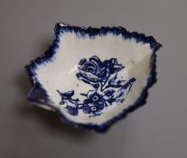 A Derby leaf shaped pickle dish printed with roses, under a painted border ex. Gilbert Bradley