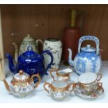 A Japanese blue and white tea kettle, Satsuma and Kutani wares etc