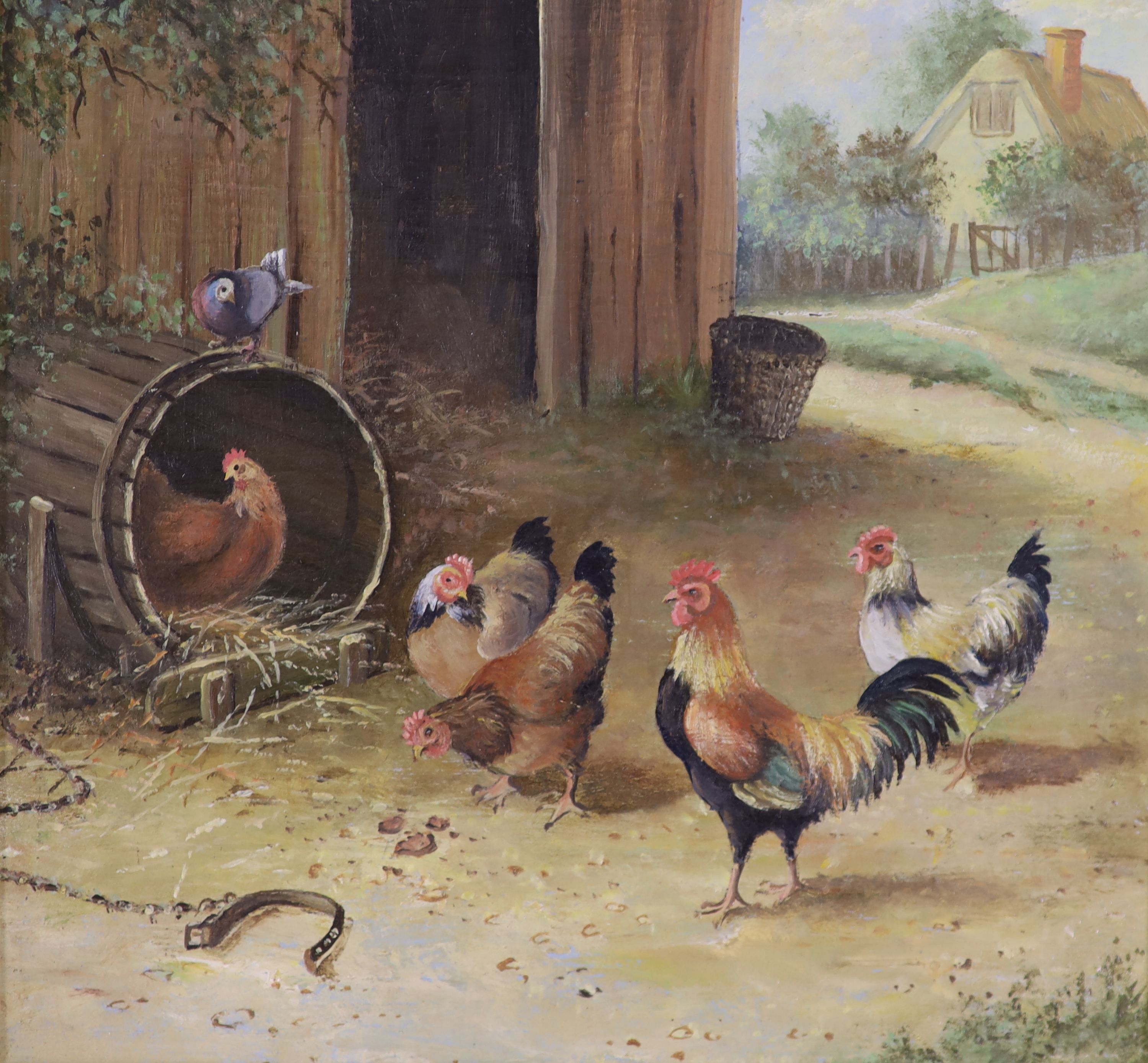 D.E., two oils on panel, Chickens in farmyards, 13 x 14cm and 13 x 19cm - Image 2 of 4