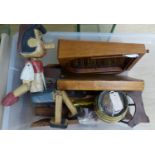 Miscellaneous items, including a small brass bowl, an oak 'Madeira' casket on stand, a bird scarer,