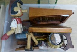 Miscellaneous items, including a small brass bowl, an oak 'Madeira' casket on stand, a bird scarer,