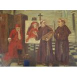 English School, oil on board, Monk artists laughing at a sleeping cardinal, 30 x 41cm, unframed