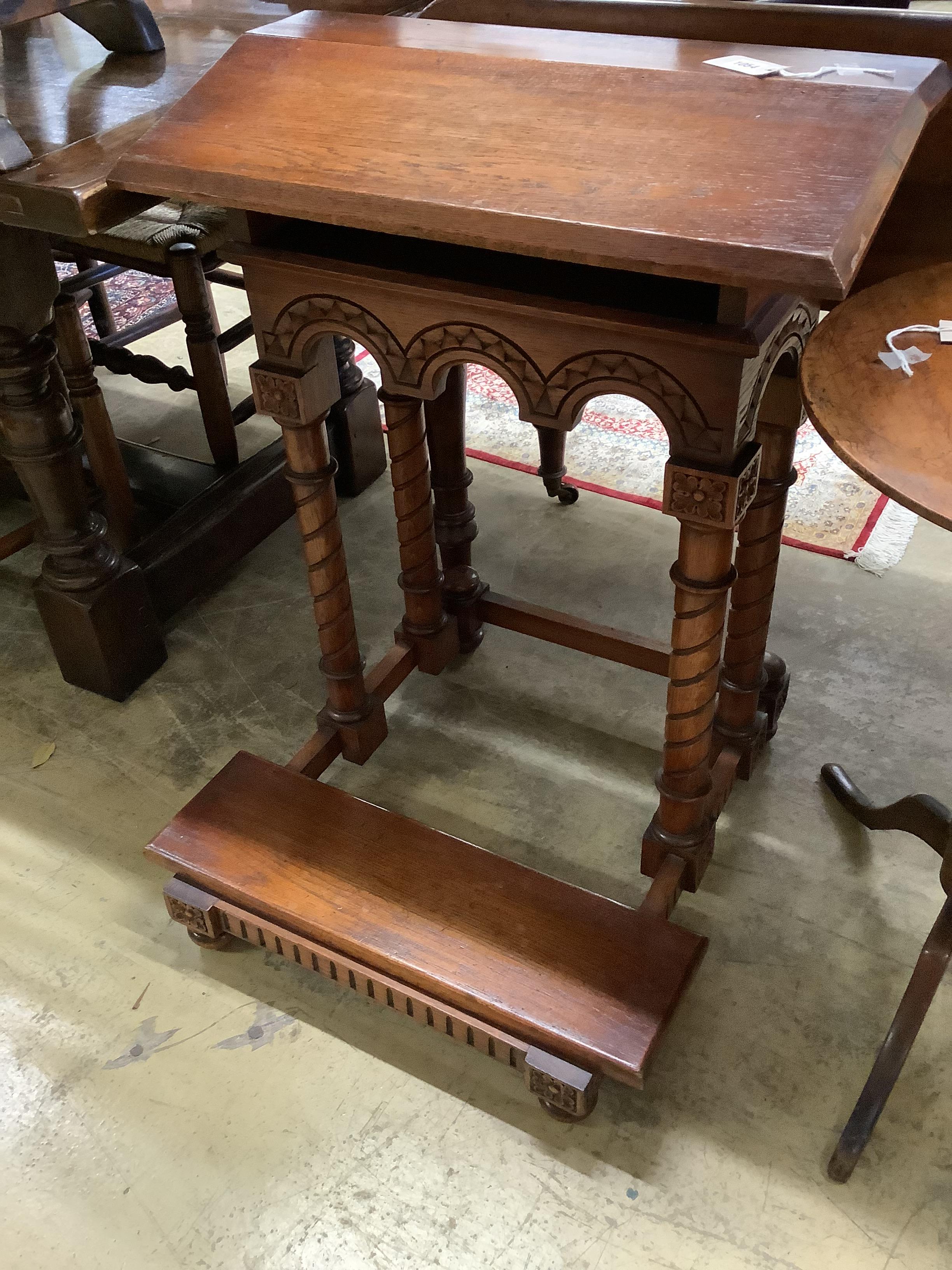 A Gothic style carved oak prie-dieu, width 64cm, height 82cm together with a 19th century circular - Image 2 of 3