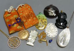 Miscellaneous decorative items, including a Mughal oval miniature on mother of pearl of polo