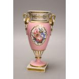 A Chamberlains Worcester pink ground vase, with swan neck handles, Chamberlains script mark to
