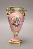 A Chamberlains Worcester pink ground vase, with swan neck handles, Chamberlains script mark to