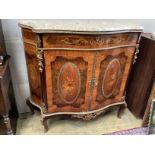 A Louis XV design marble topped two door cabinet, length 116cm, depth 43cm, height 108cm