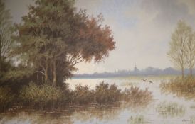C* Hommes (20th century), oil on canvas, lake scene with ducks,signed, gilt and hessian frame,60 x