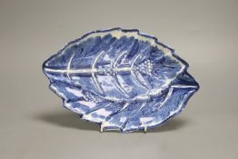 A rare Bow dish, moulded as two overlapping leaves, c.1762, four character mark, length 29cm