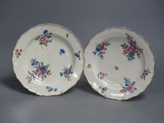 A pair of Royal Worcester silver shaped plates with flowers, c.1775, diameter 22.5cm