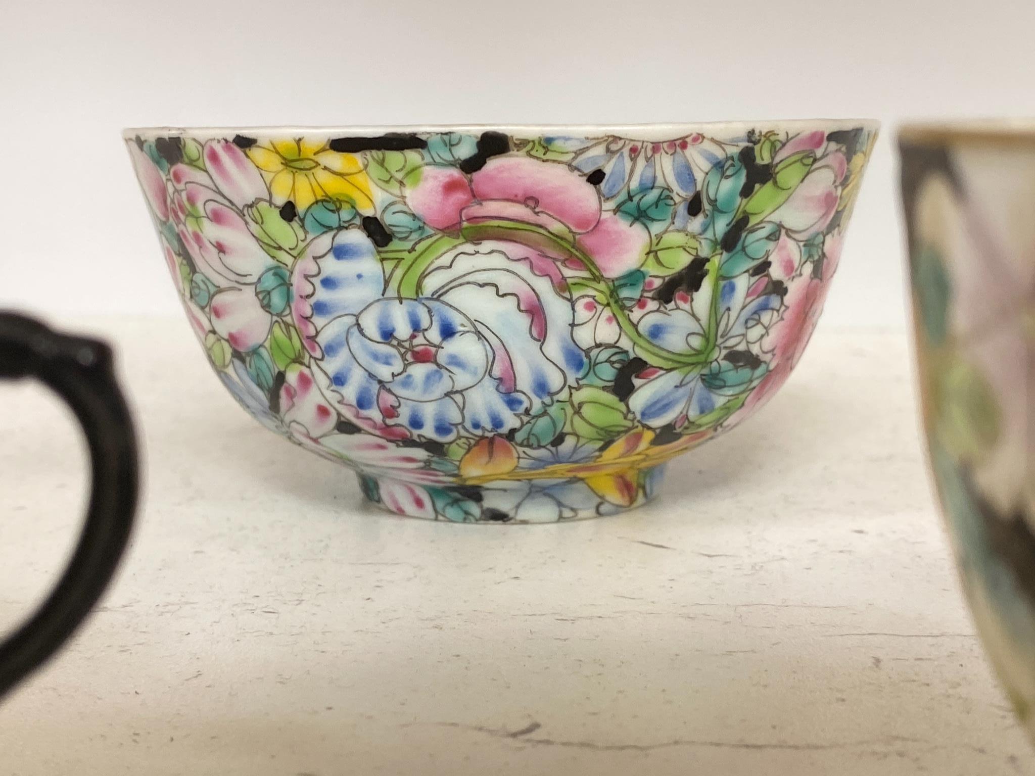 Five Chinese Millefleur cups and a bowl, Guangxu marks, early 20th century, diameter 12cm - Image 2 of 4