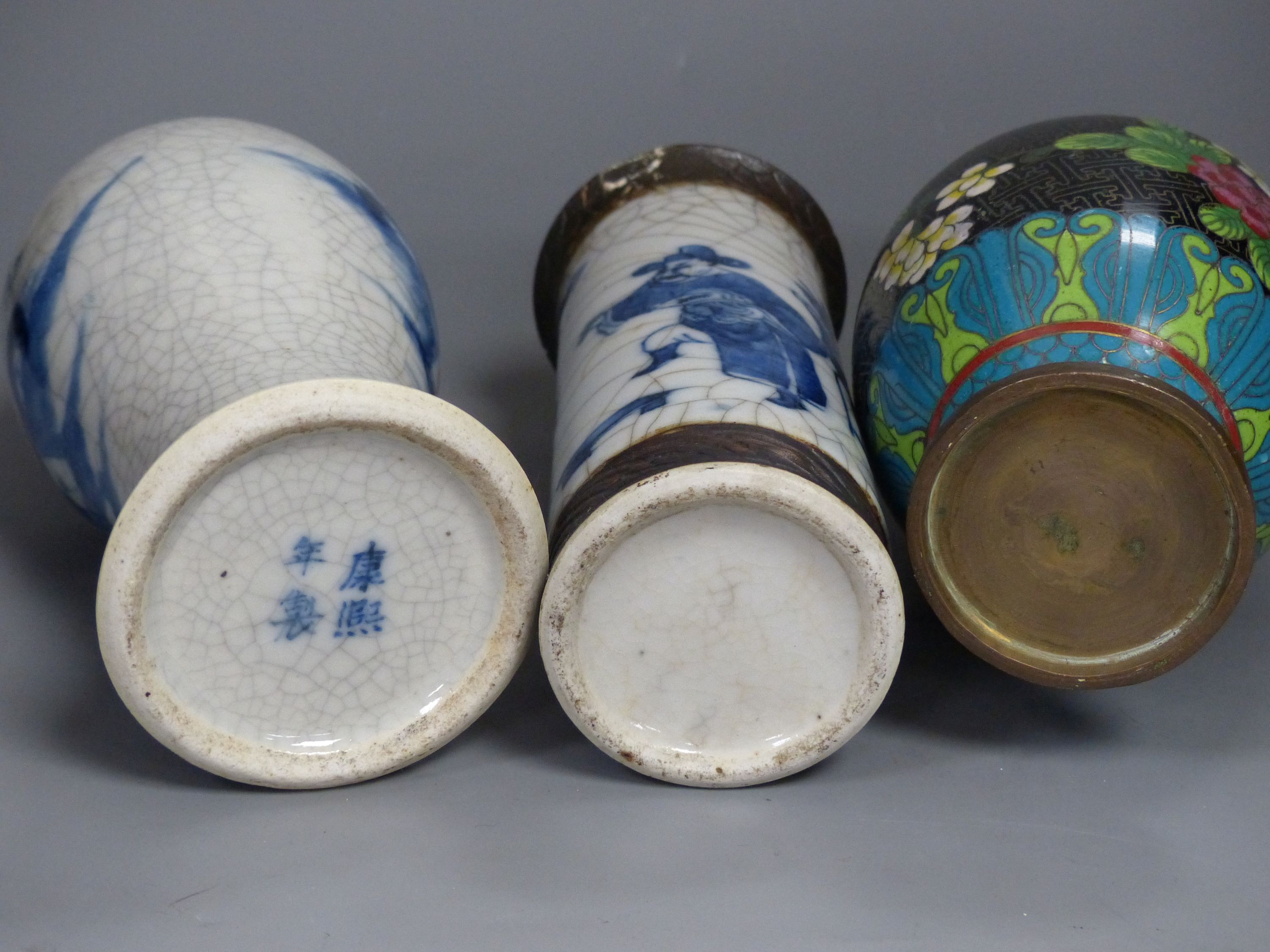 Three Chinese blue and white vases, a cloisonne enamel vase, another vase and a soapstone figure - Image 6 of 6