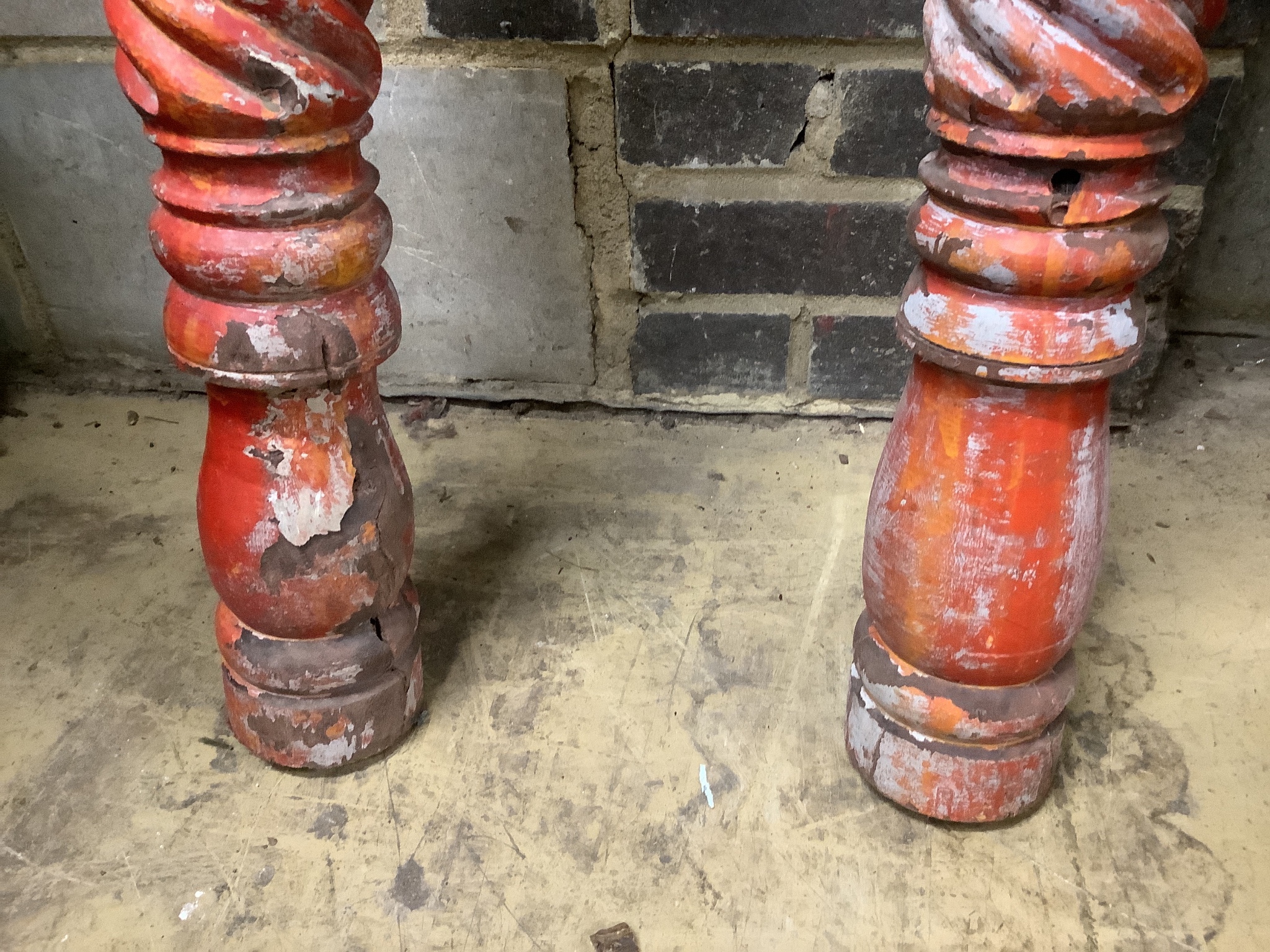 A pair of painted spiral carved wood columns, height 168cm - Image 3 of 3