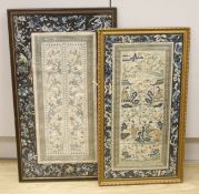 Two framed Chinese late Qing embroidered silk panels71 x 39cm & 62 x 32cm