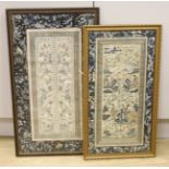 Two framed Chinese late Qing embroidered silk panels71 x 39cm & 62 x 32cm