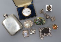 A small group of collectables including gold plated Elgin pocket watch, a 925 and enamel vesta