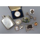 A small group of collectables including gold plated Elgin pocket watch, a 925 and enamel vesta