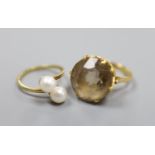 A yellow metal and smoky quartz dress ring, gross 8.2 grams and a 585 and two stone cultured pearl