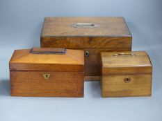 A Victorian walnut sewing box and two tea caddies (3)