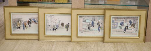 A set of four Chinese or Korean painted fabric collages, circa 1950, depicting interiors scenes