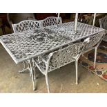 A rectangular painted aluminium garden table, width 177cm, depth 80cm, height 73cm, five matching