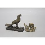 A 19th century Chinese bronze figure of a phoenix, repairs, and a 20th century Chinese bronze
