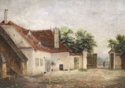 Victorian School, oil on canvas, Courtyard scene with dogs and figure in a gateway, dated 1853, 18