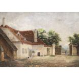 Victorian School, oil on canvas, Courtyard scene with dogs and figure in a gateway, dated 1853, 18