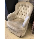 A Victorian upholstered spoon back rocking chair by Schoolbred & Son, width 68cm, depth 76cm,