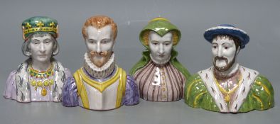 A French tin-glazed faience small bust of Catherine de Medici, another of Francois I and two