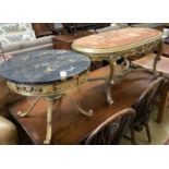 A circular gilt metal low coffee table with variegated marble top, diameter 62cm together with a