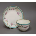 A Chelsea Derby teabowl and saucer painted with flowers, c.1778, blue Crown Derby mark with no