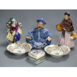 A Continental blue and white nodding figure of a Chinese man, two other figures and three other