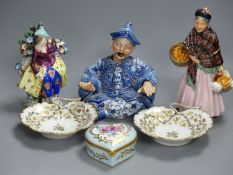 A Continental blue and white nodding figure of a Chinese man, two other figures and three other