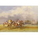 Michael Crawley, watercolour, The Line Up at Newmarket, signed, 27 x 38cm.