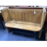 A Victorian pitch pine pew, length 112cm, depth 44cm, height 86cm