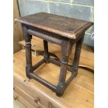 A 17th century style oak joint stool, length 44cm, depth 28cm, height 53cm