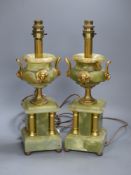 A pair of green onyx and gilt metal twin-handled pedestal urn table lamps, height 37cm