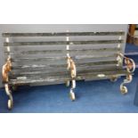 A wrought iron slatted wood garden bench, length 209cm, depth 67cm, height 110cm