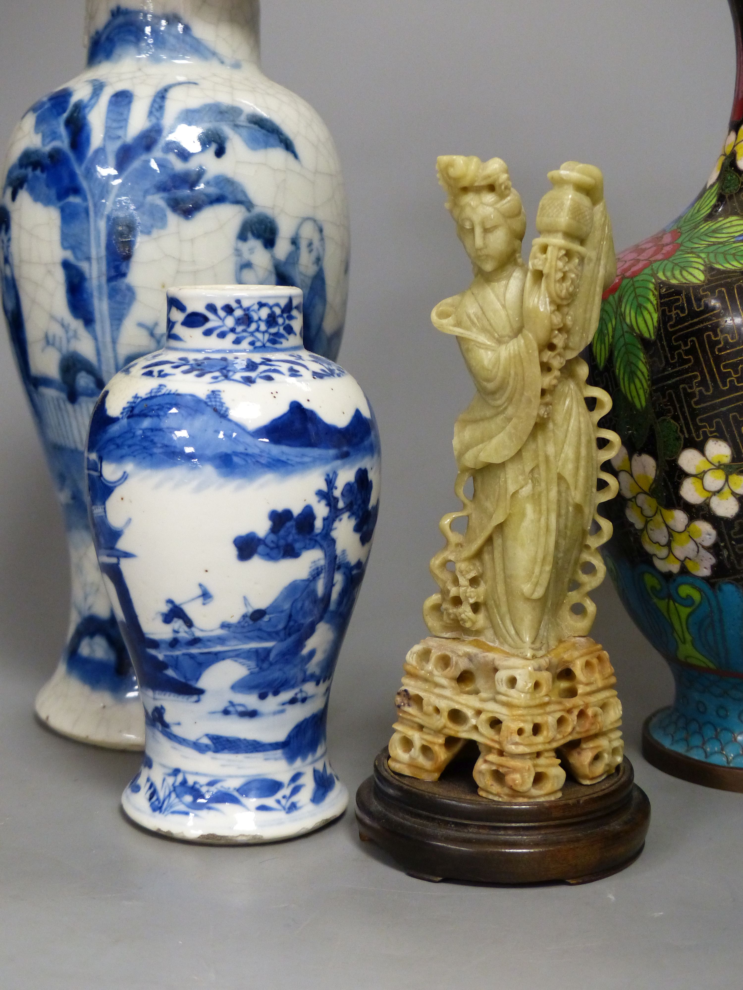 Three Chinese blue and white vases, a cloisonne enamel vase, another vase and a soapstone figure - Image 3 of 6