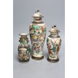 Three early 20th century Chinese crackle glaze vases, two with covers, tallest 33.5cm