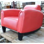 A red leather club armchair, height 70cm, width 87cm, depth 98cm