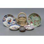 Chinese Imari pattern dishes, two others, a teapot, height 15cm, and a pottery bowl